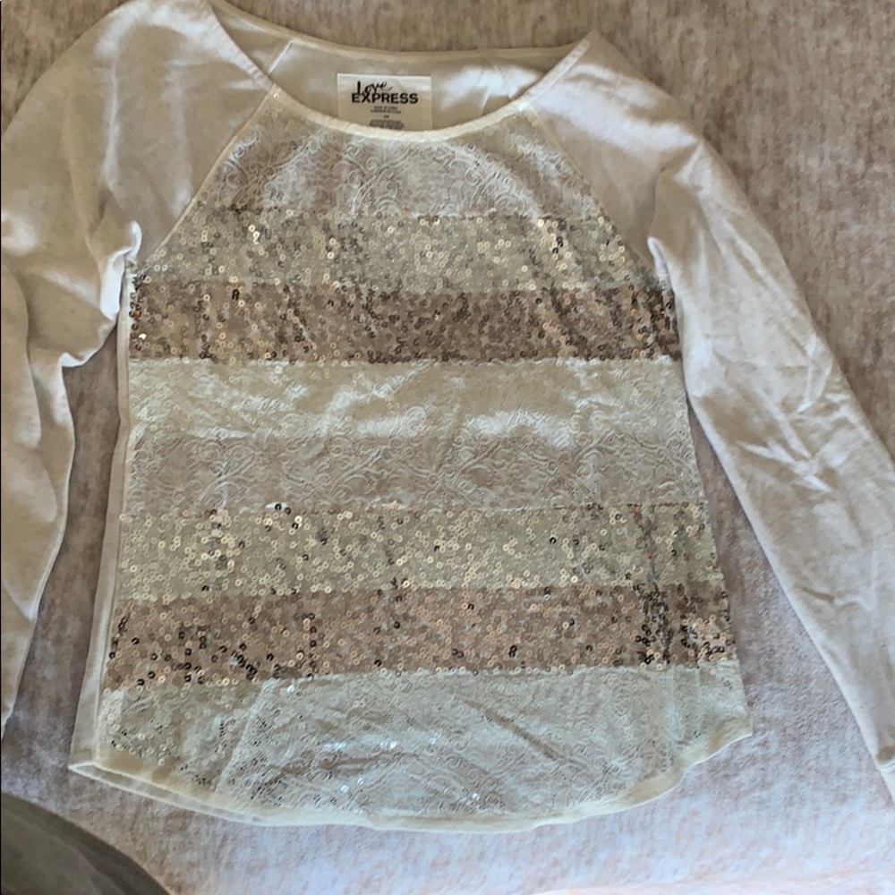 Sequins/lace crew neck sweatshirt